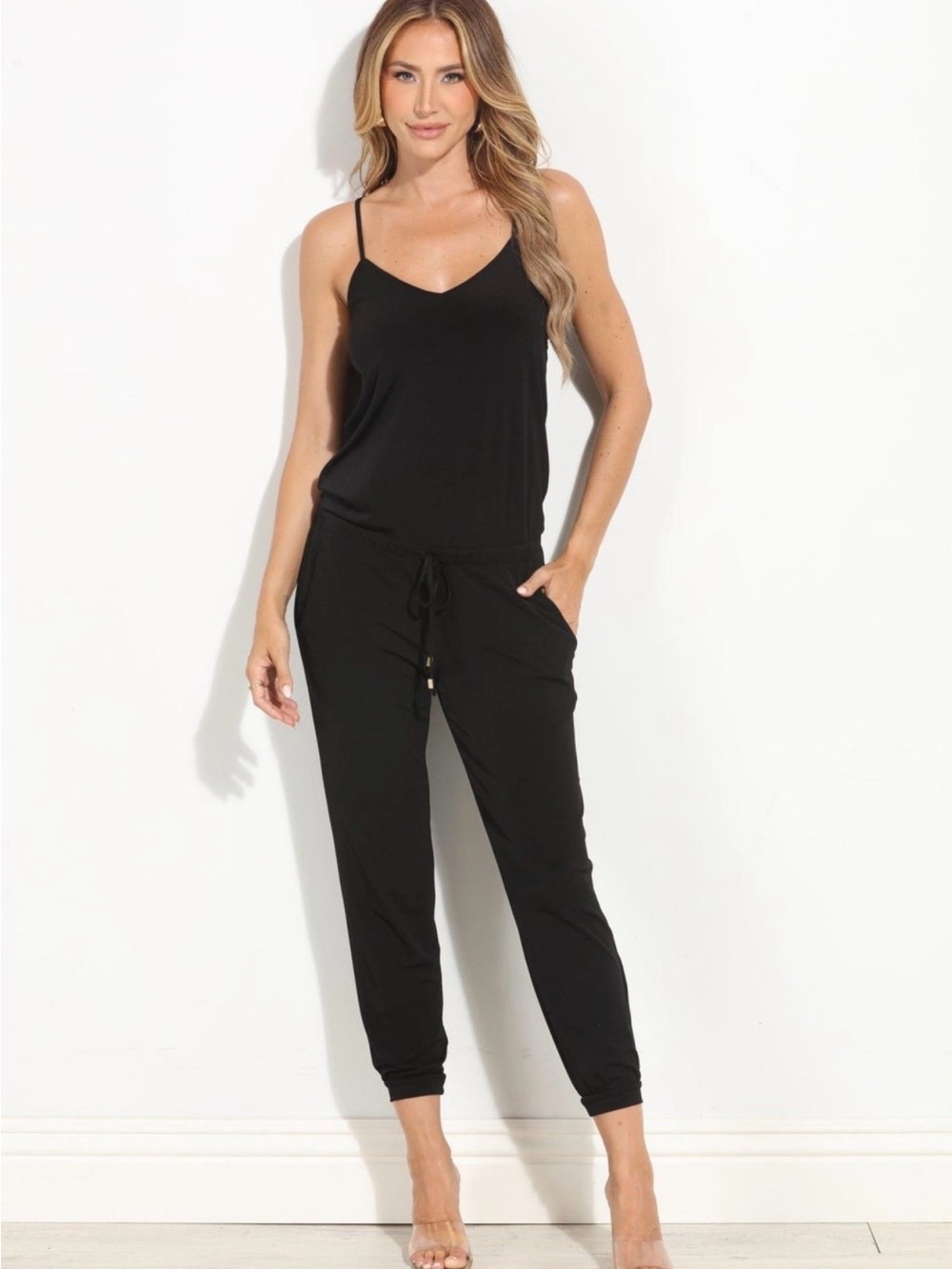 Veronica M Black Spaghetti Strap Drop Waist Jumpsuit Size Small